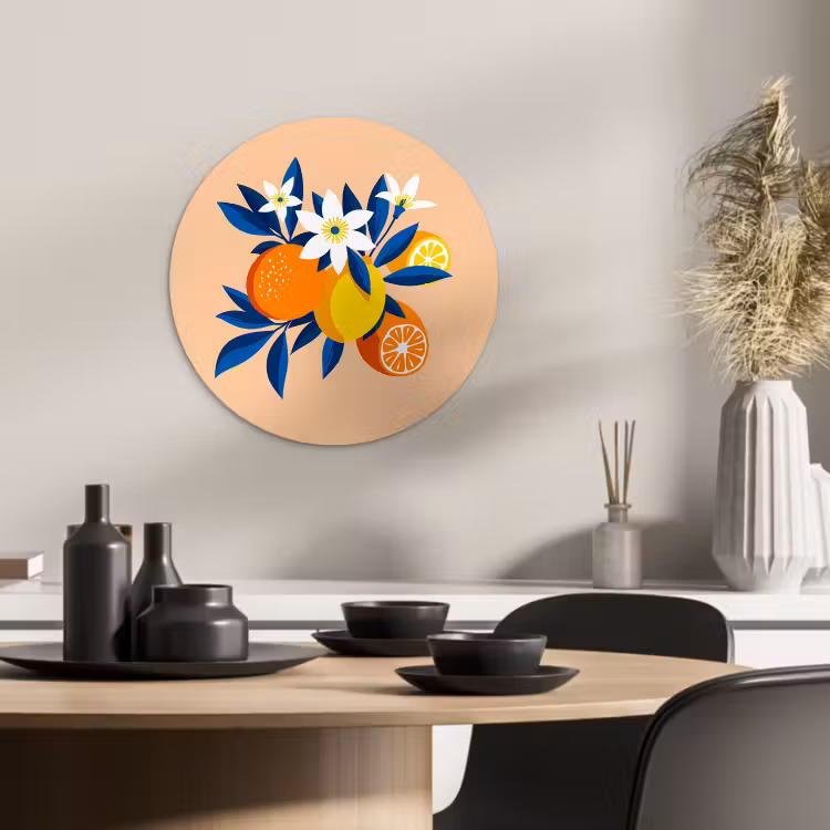 Cuadro redondo - Ilustración - Naranjas - Azul oscuro - Flores — 3