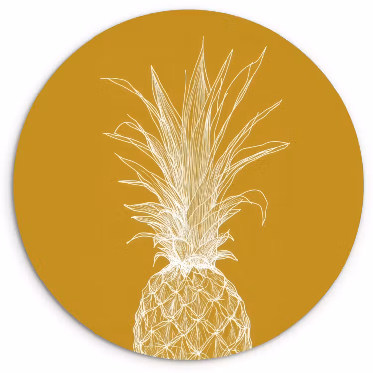 Cuadro redondo - Ilustración lineal - Piña - Corona de hojas - Amarillo ocre — 1