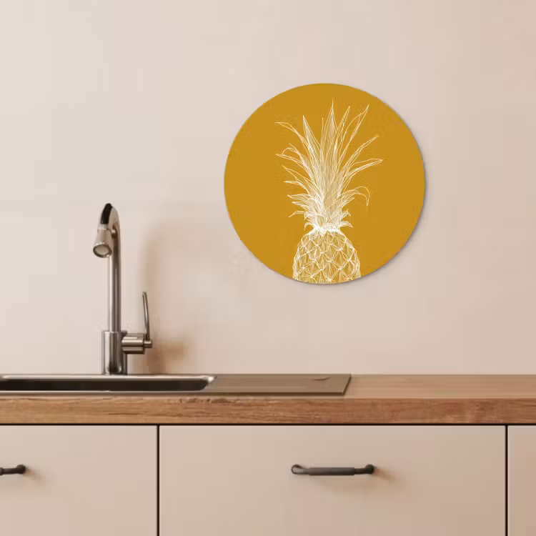 Cuadro redondo - Ilustración lineal - Piña - Corona de hojas - Amarillo ocre — 2