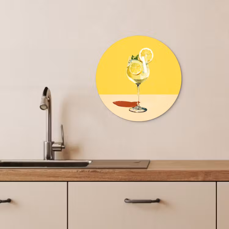 Cuadro redondo - Copa de vino - Limón - Amarillo - Minimalista — 1