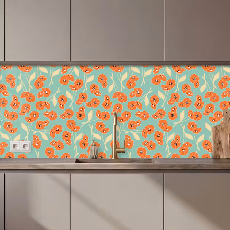 Revestimiento cocina - Retro - Flores - Diseño - Naranja — 1