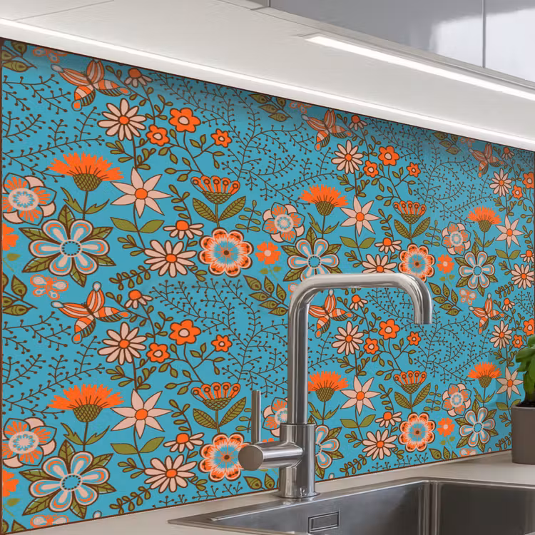 Revestimiento cocina - Bohemia - Flores - Naranja - Retro - Diseño — 1