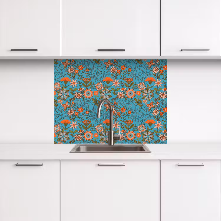 Revestimiento cocina - Bohemia - Flores - Naranja - Retro - Diseño — 3