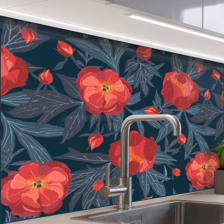 Revestimiento cocina - Flores - Rojo - Hojas - Patrones — 1