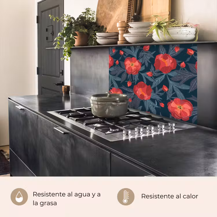 Revestimiento cocina - Flores - Rojo - Hojas - Patrones — 4