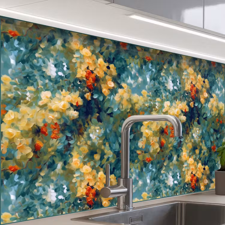 Revestimiento cocina - Amarillo - Flores - Verde - Hojas — 1