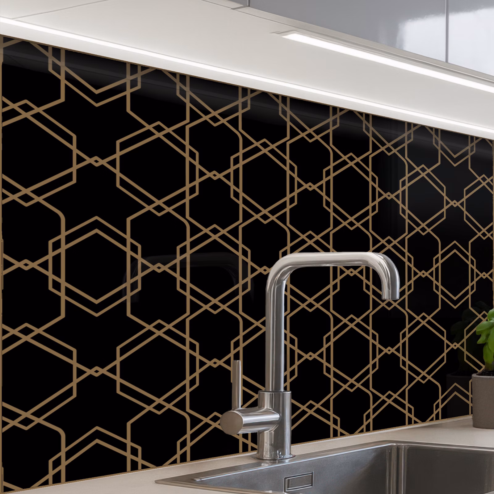Revestimiento cocina - Entretejido - Hexágonos - Negro - Oro — 1