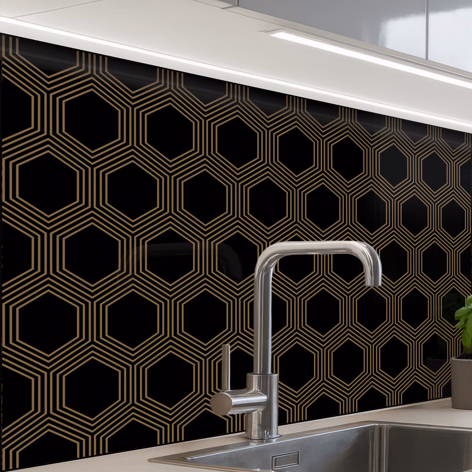 Revestimiento cocina - Paralelo - Oro - Negro - Dibujo de colmena — 1