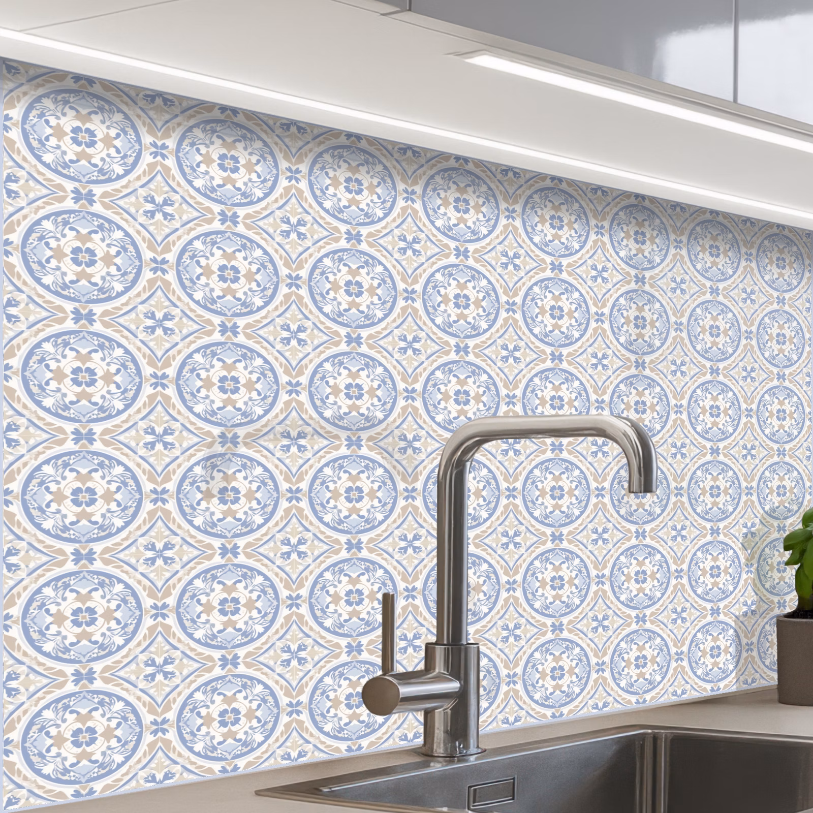 Revestimiento cocina - Azulejos - Estampado - Beige - Azul — 1