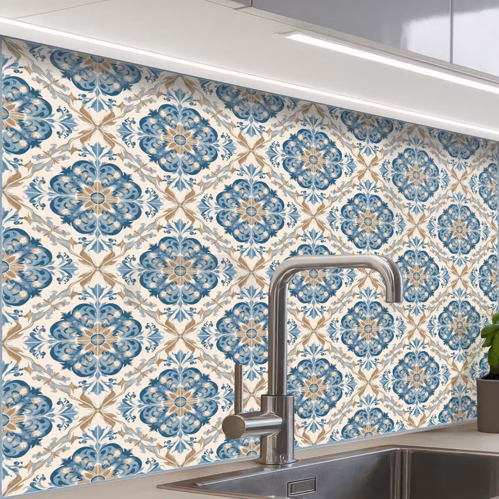 Revestimiento cocina - Azulejos - Patrón - Azul - Oro — 1