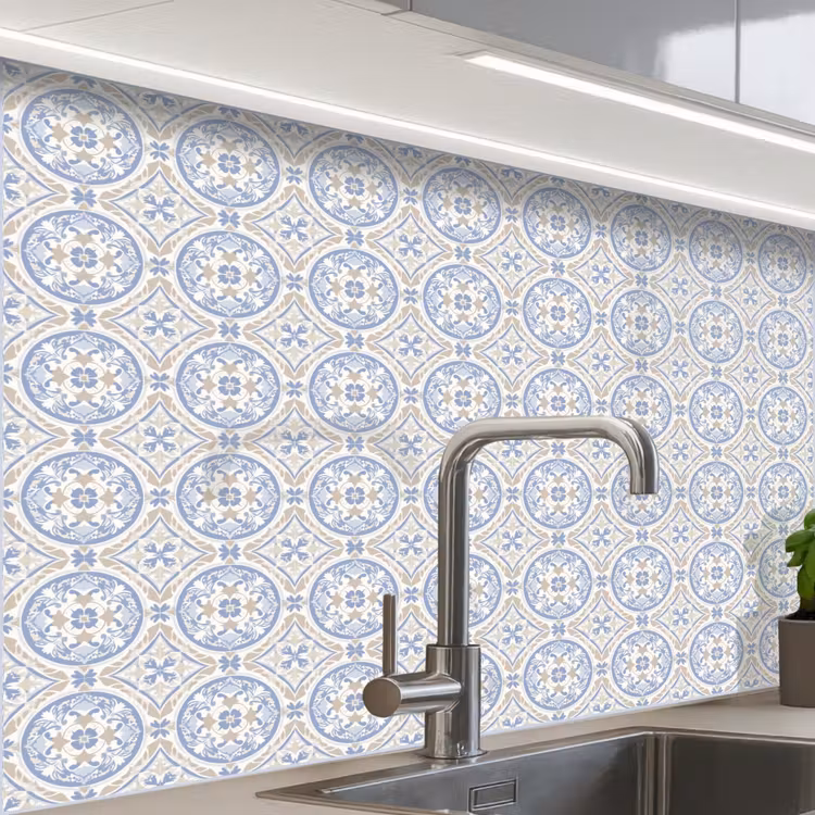 Revestimiento cocina - Azulejos - Estampado - Beige - Azul — 1