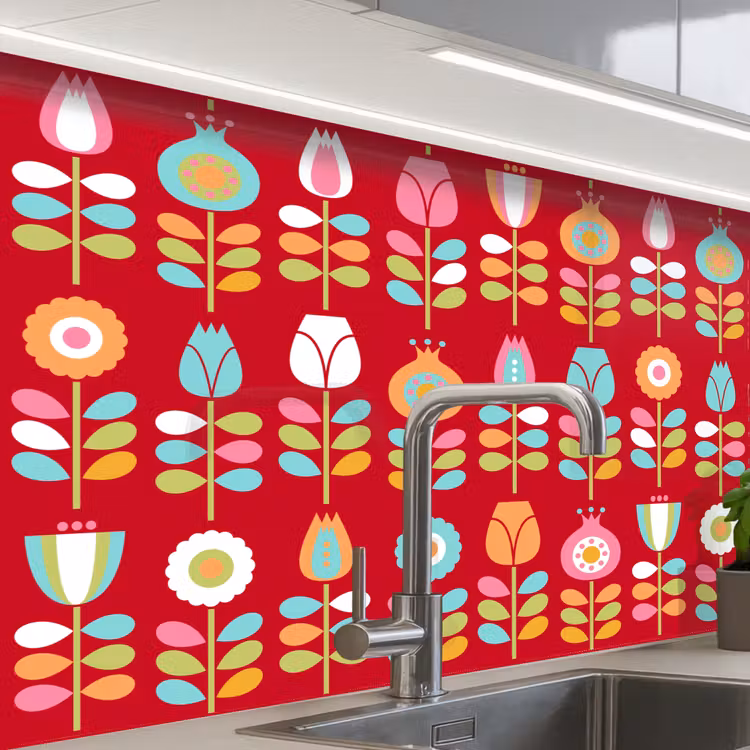 Revestimiento cocina - Patrones - Flores - Retro - Rojo — 1