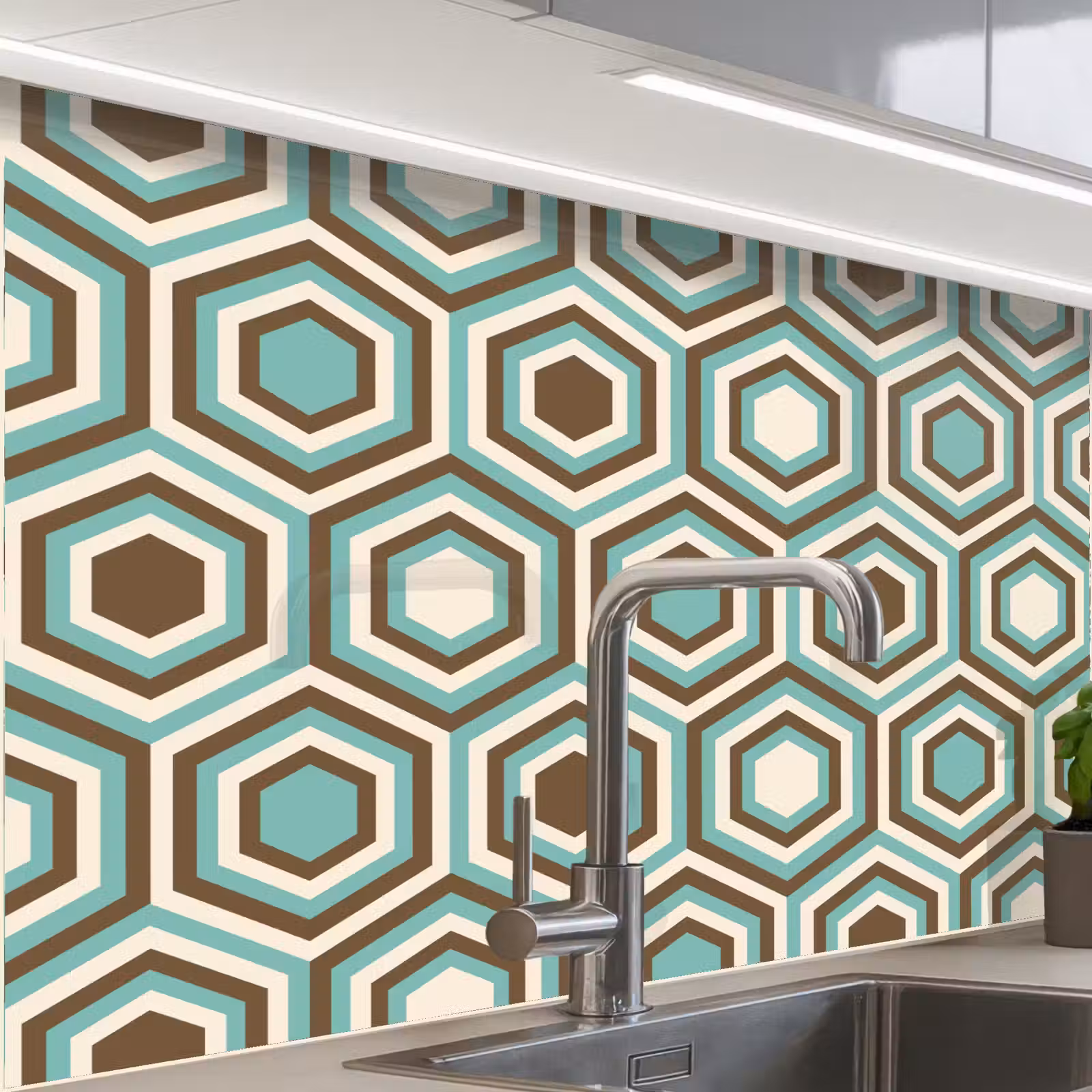 Revestimiento cocina - Retro - Panal - Azul - Marrón — 1