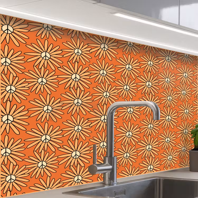 Revestimiento cocina - Vintage - Patrones - Flores - Naranja — 1