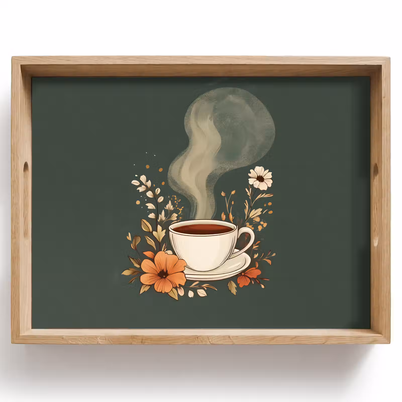 Bandeja - Taza - Flores - Verde - Café — 1