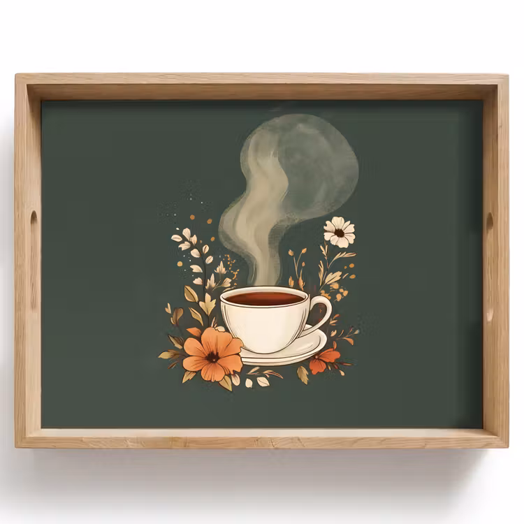 Bandeja - Taza - Flores - Verde - Café — 1