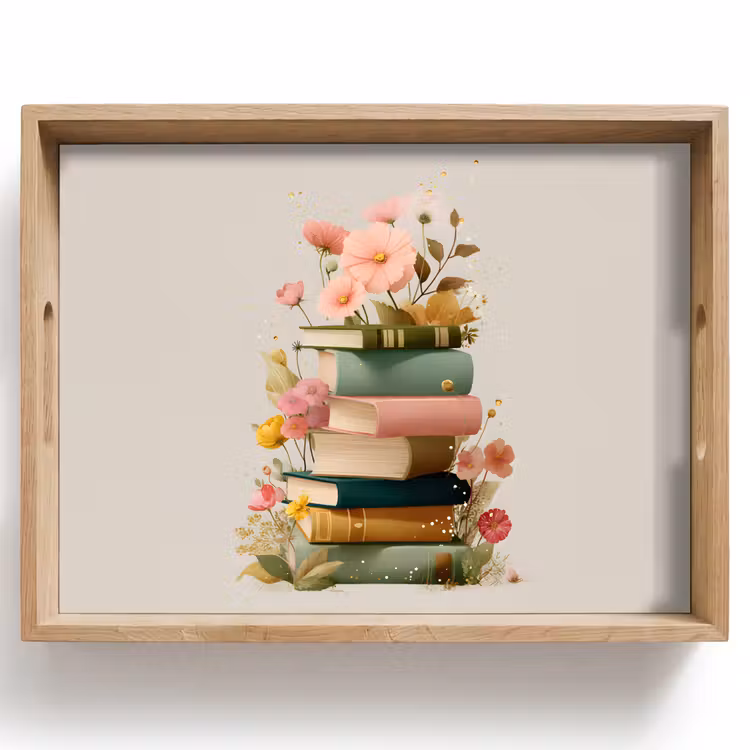 Bandeja - Libros - Pila - Flores - Colorido — 1