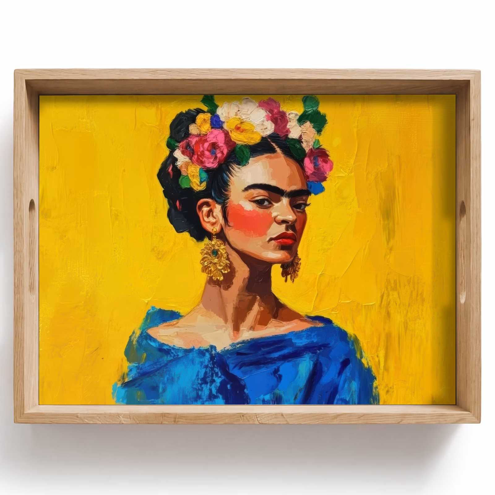 Bandeja - Frida Kahlo - Mujer - Amarillo - Azul - Flores — 1