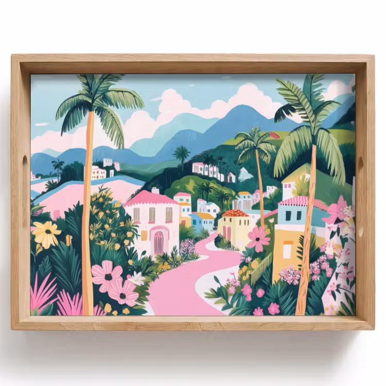 Bandeja - Colorido - Casas - Colinas - Rosa — 1