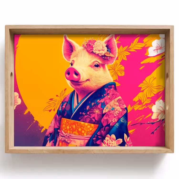 Bandeja - Cerdo - Corona de flores - Kimono - Abstracto — 1