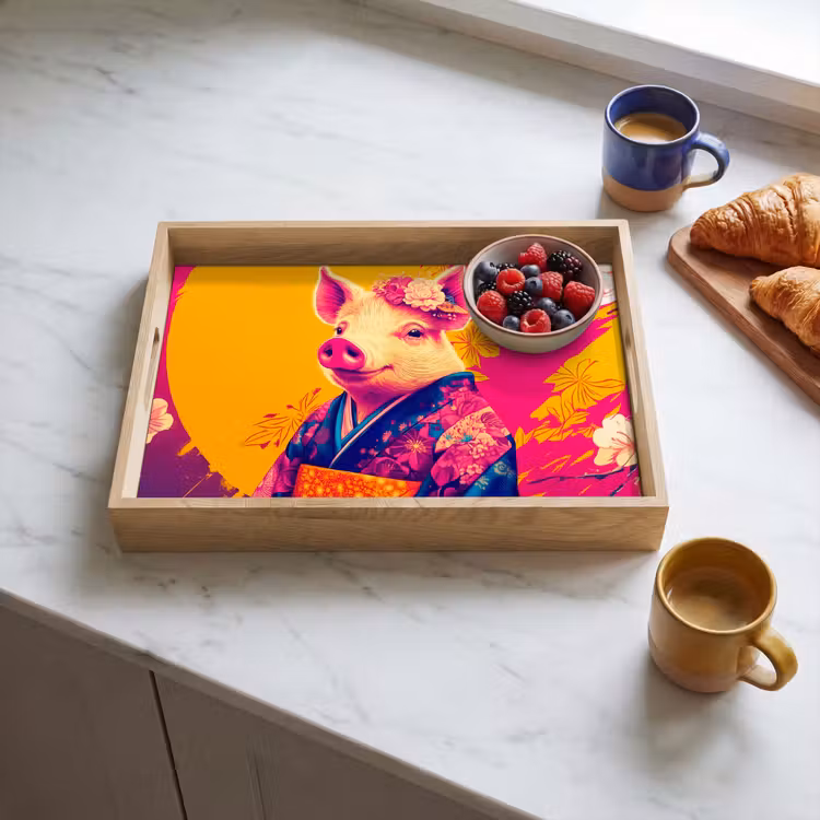 Bandeja - Cerdo - Corona de flores - Kimono - Abstracto — 3