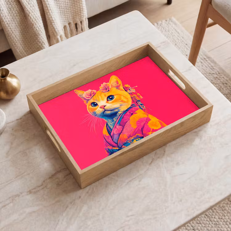 Bandeja - Gato - Kimono - Flores - Rosa — 2