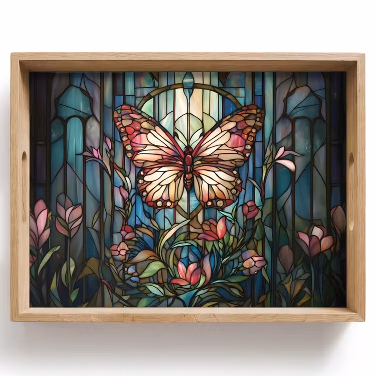 Bandeja - Mariposa - Rosa - Flores - Hojas — 1