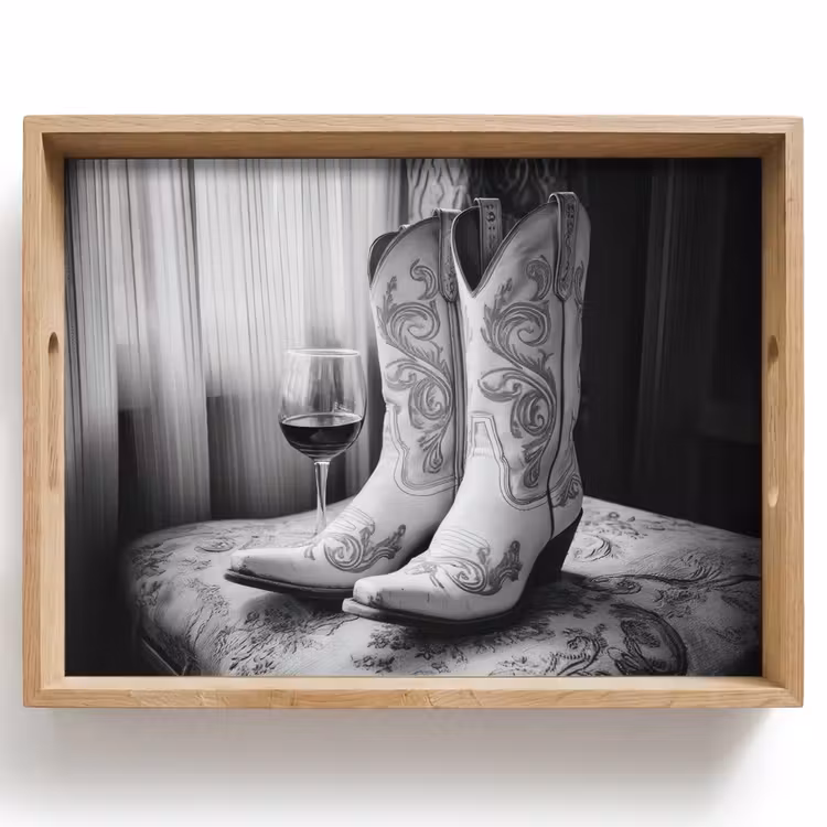 Bandeja - Vino - Botas vaqueras - Luz de ventana - Blanco — 1