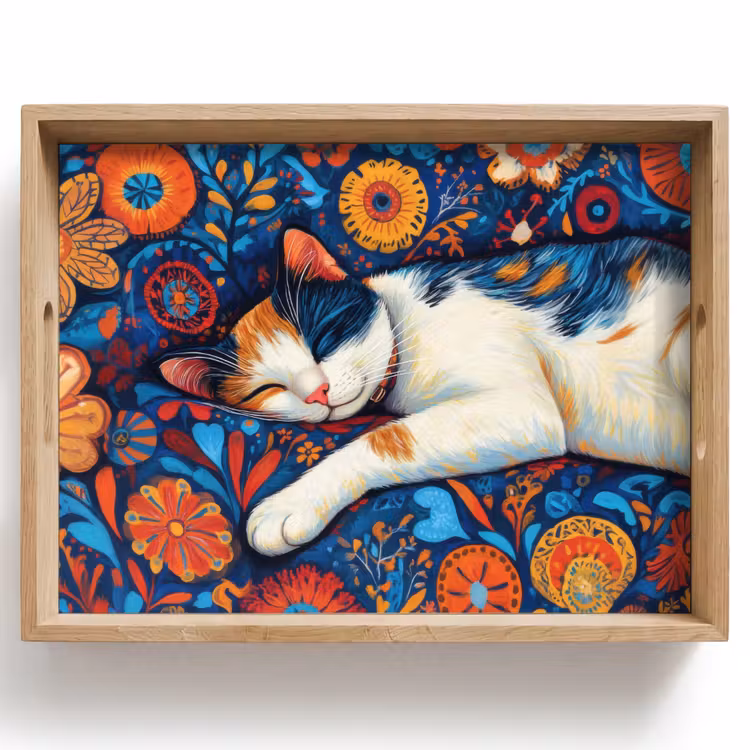 Bandeja - Gato - Estampado floral - Azul - Naranja — 1