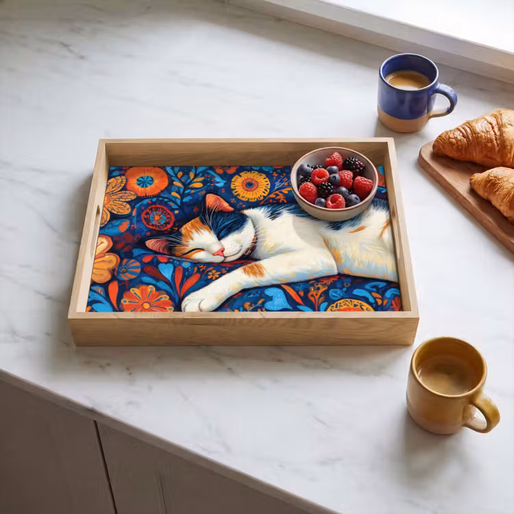 Bandeja - Gato - Estampado floral - Azul - Naranja — 3