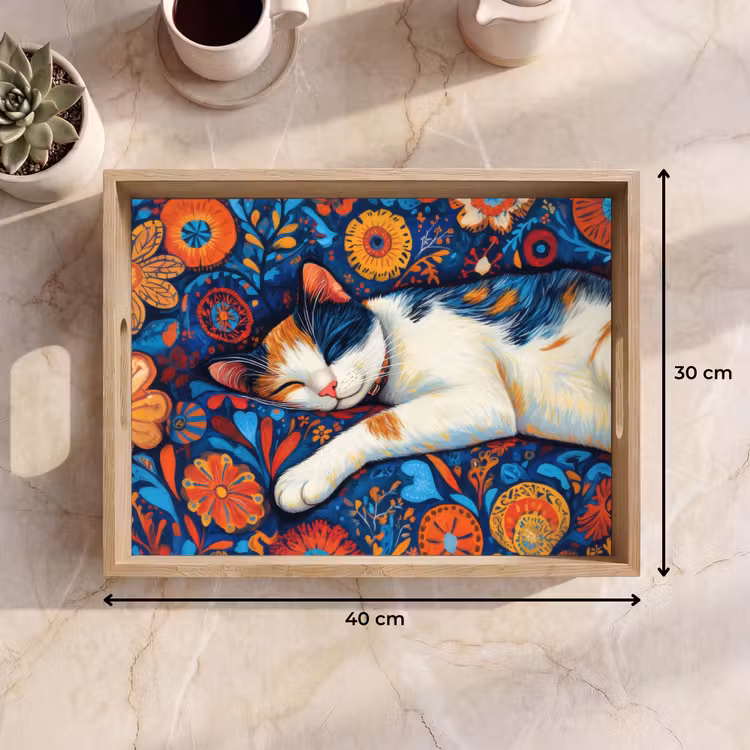 Bandeja - Gato - Estampado floral - Azul - Naranja — 7