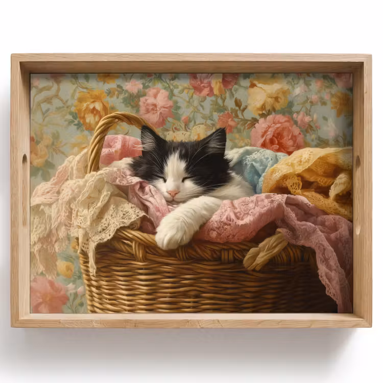 Bandeja - Gato - Estampado floral - Cesta de mimbre — 1