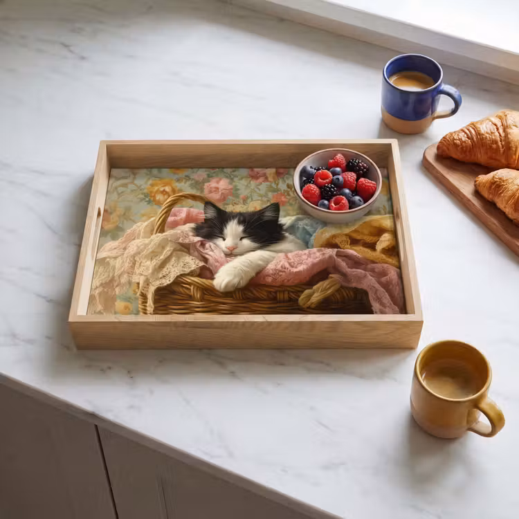 Bandeja - Gato - Estampado floral - Cesta de mimbre — 3