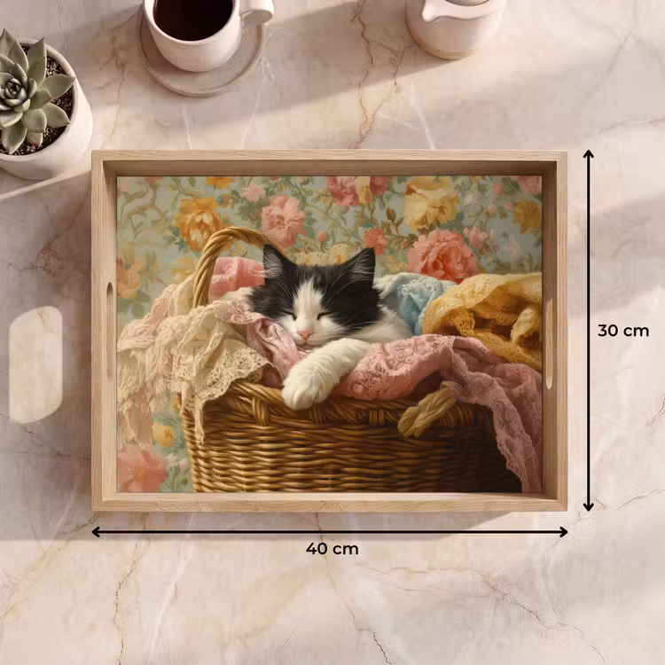 Bandeja - Gato - Estampado floral - Cesta de mimbre — 7