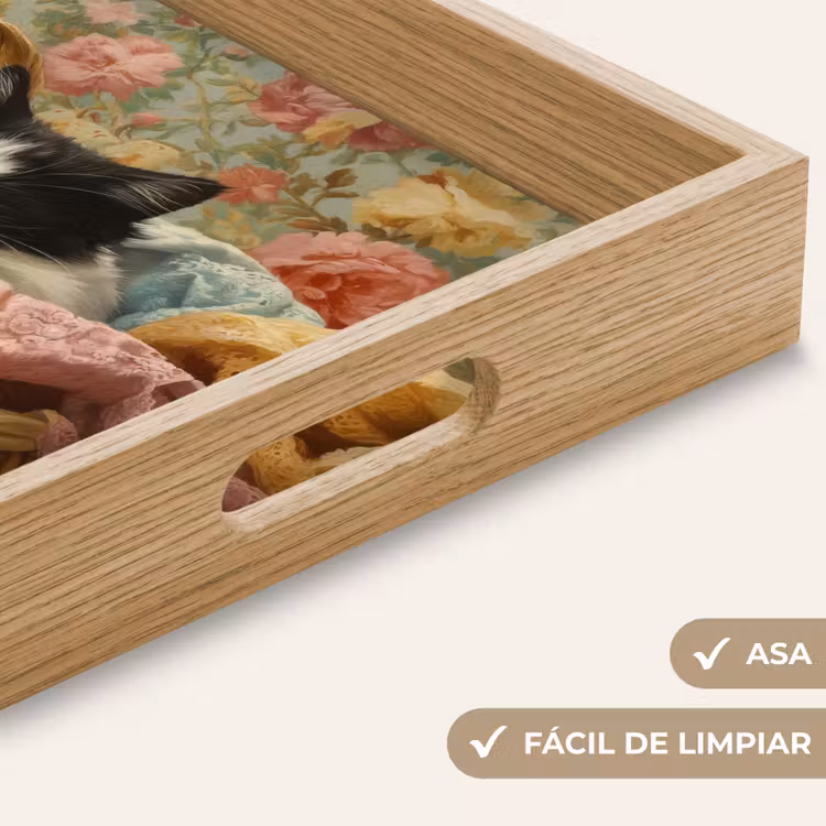 Bandeja - Gato - Estampado floral - Cesta de mimbre — 8