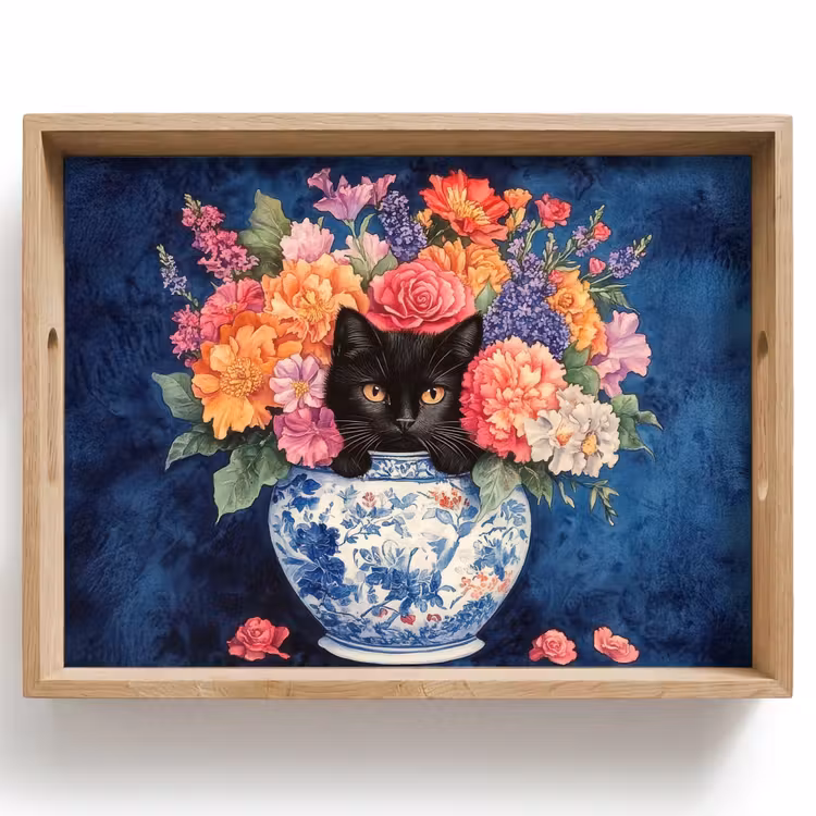 Bandeja - Gato - Flores de colores vivos - Jarrón — 1