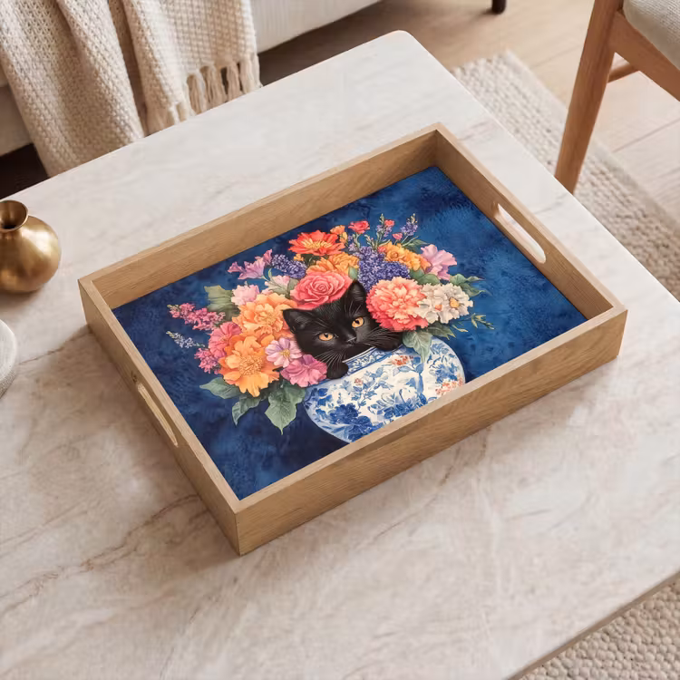 Bandeja - Gato - Flores de colores vivos - Jarrón — 2