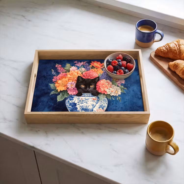 Bandeja - Gato - Flores de colores vivos - Jarrón — 3