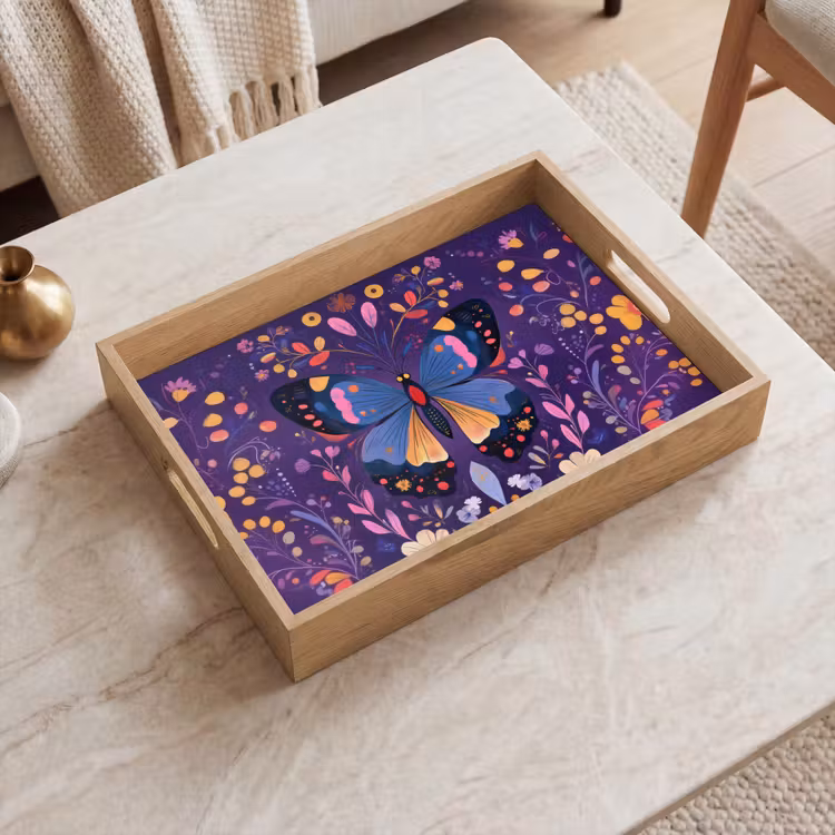 Bandeja - Ornamentado - Flores - Mariposa - Morado — 2