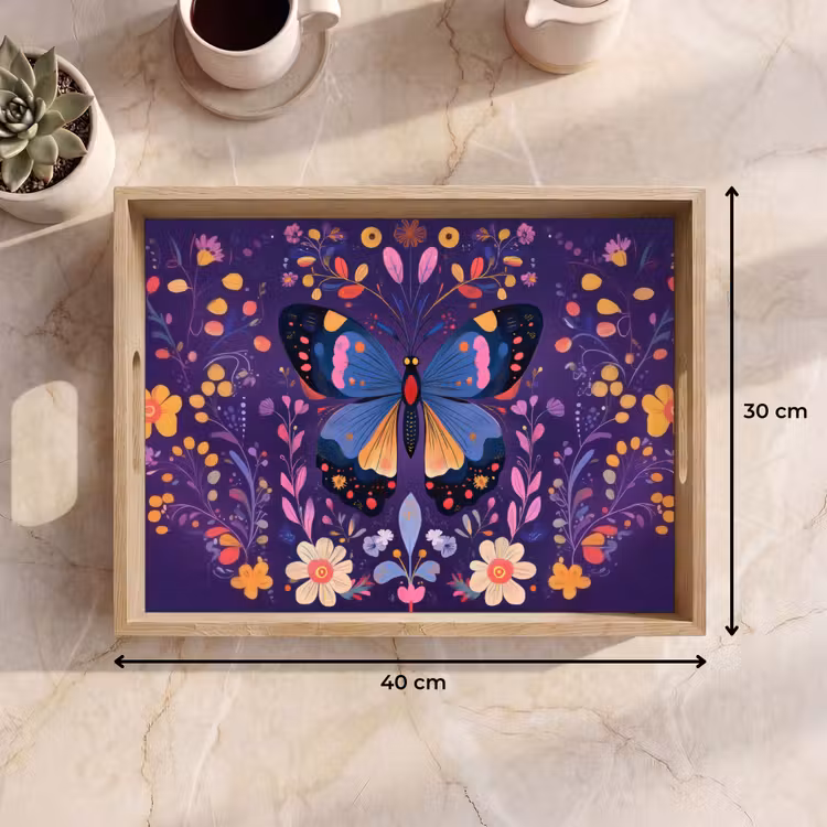 Bandeja - Ornamentado - Flores - Mariposa - Morado — 7