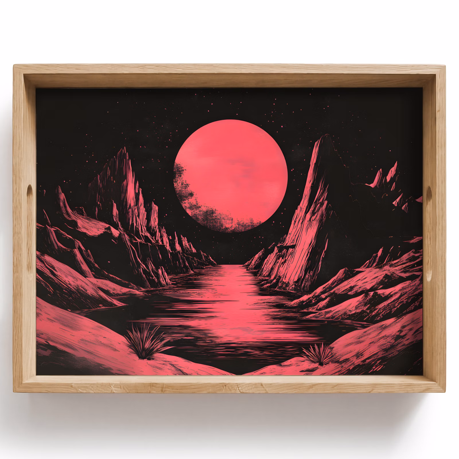 Bandeja - Luna - Rosa brillante - Montañas - Río — 1