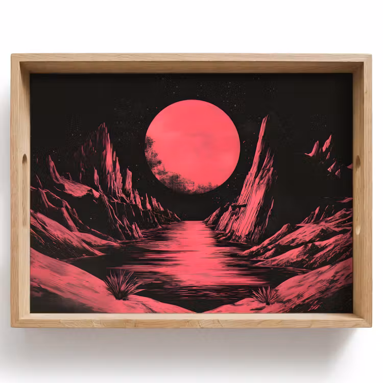 Bandeja - Luna - Rosa brillante - Montañas - Río — 1