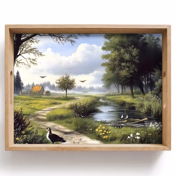 Bandeja - Sendero arenoso - Paisaje verde - Agua — 1