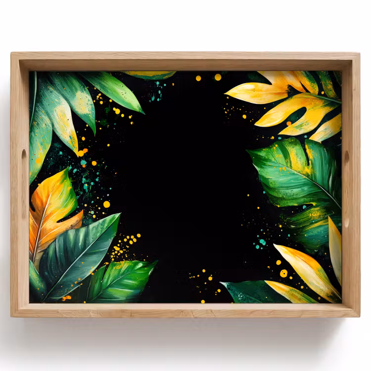 Bandeja - Hojas - Verde - Amarillo - Pintura - Selva — 1