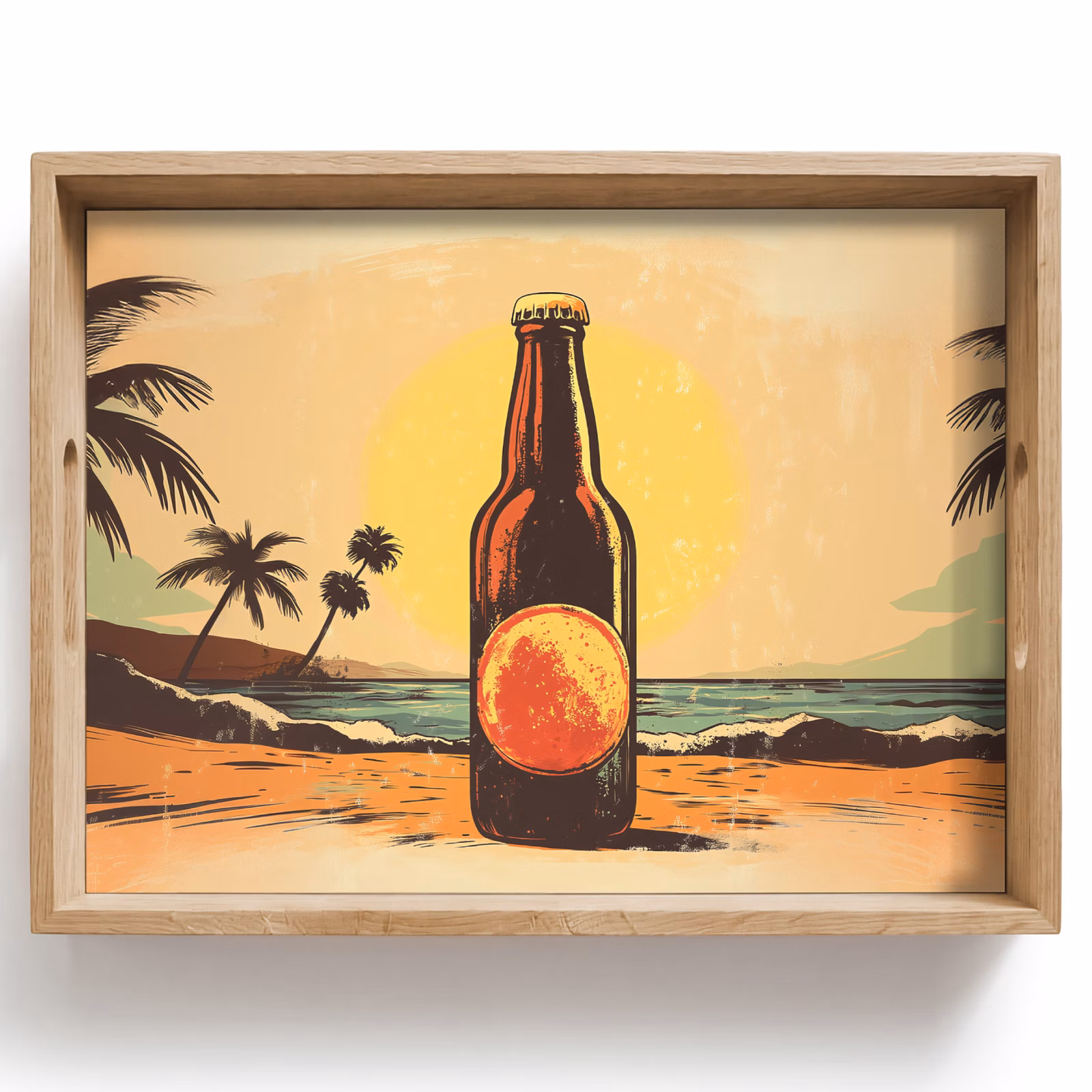 Bandeja - Botella de cerveza - Puesta de sol - Palmeras - Mar — 1