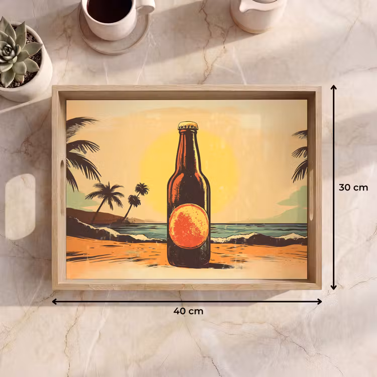 Bandeja - Botella de cerveza - Puesta de sol - Palmeras - Mar — 7