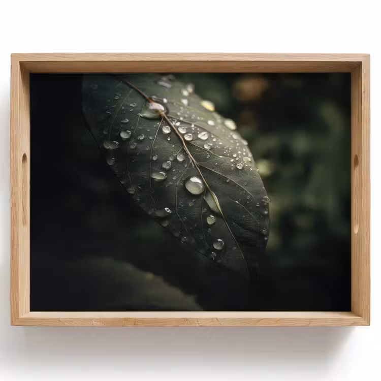 Bandeja - Hoja - Verde - Venas - Gotas de lluvia — 1