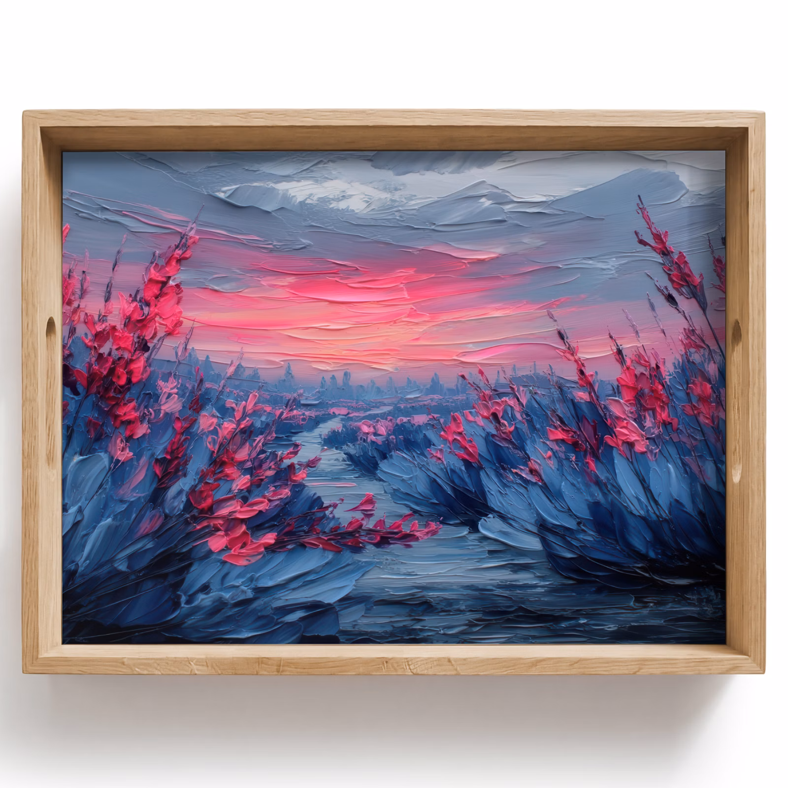 Bandeja - Pintura - Puesta de sol - Flores - Río — 1