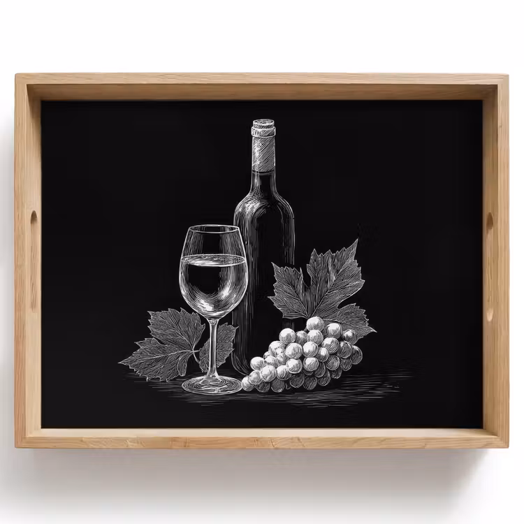 Bandeja - Botella de vino - Vidrio - Uvas - Hojas — 1