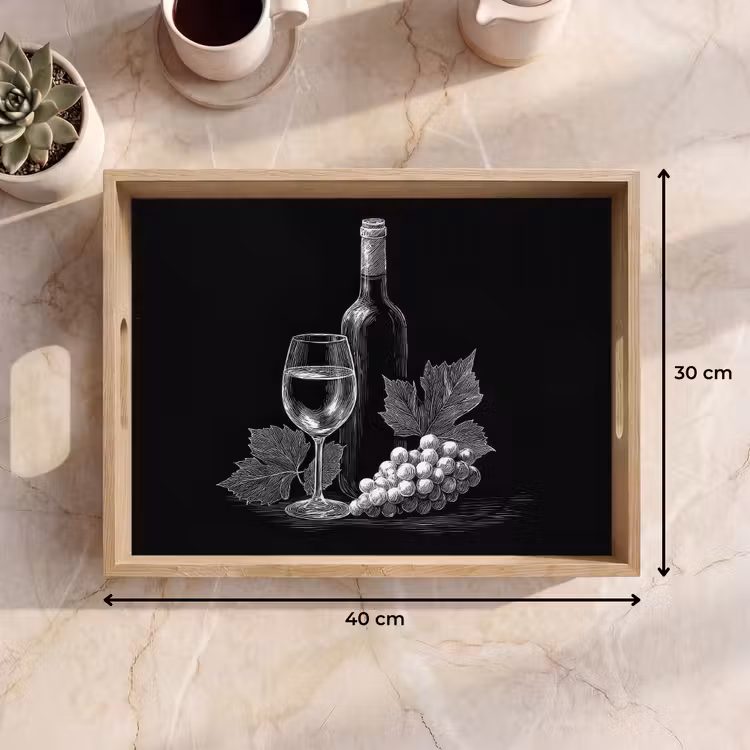 Bandeja - Botella de vino - Vidrio - Uvas - Hojas — 7